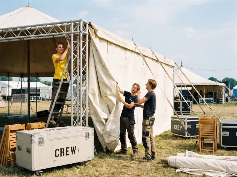 Drie studenten zetten samen een festivaltent op, een van hen staat op een ladder bij de truss