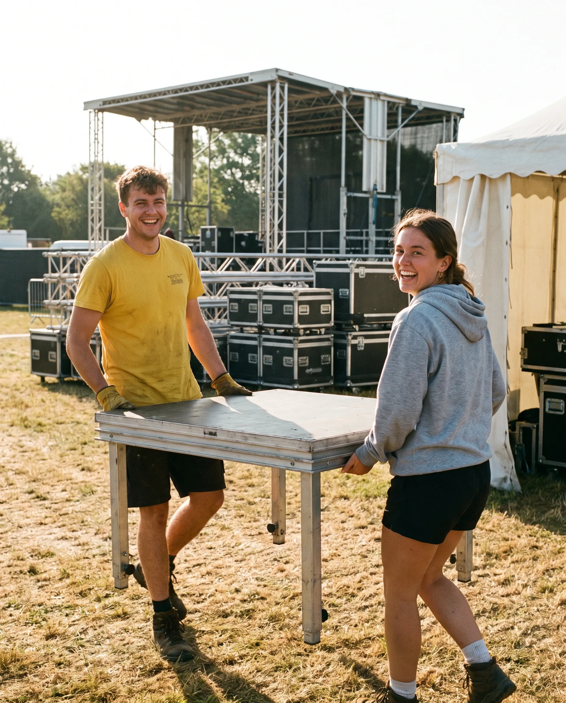 Twee studenten van StudentTopper Events dragen samen een podiumdek over het festivalterrein naar de trussen